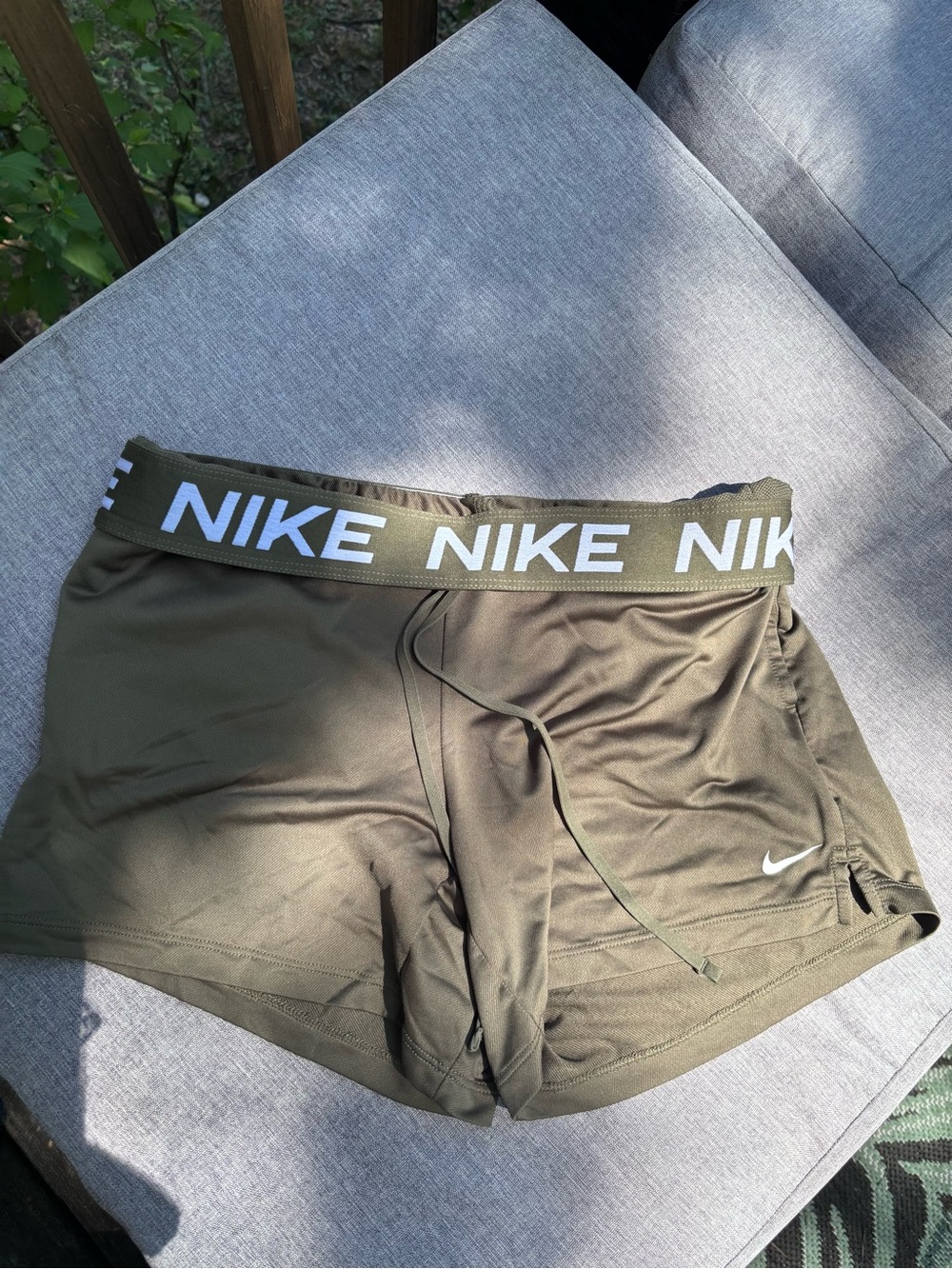 Nike Olive Green Athletic Shorts with White Logo